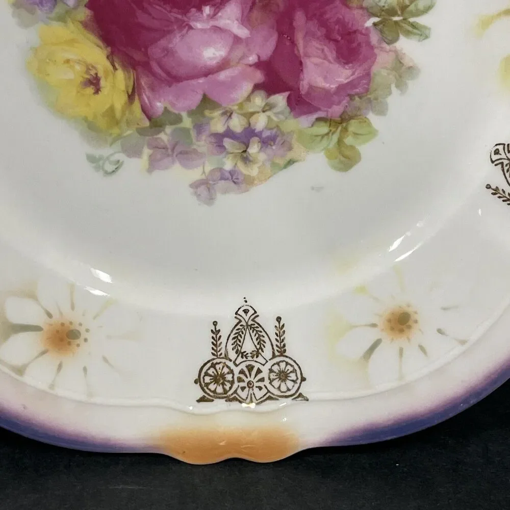 VTG German Porcelain Lusterware Roses Flowers Enclosed Handle‎ Cake Plate 9.75”